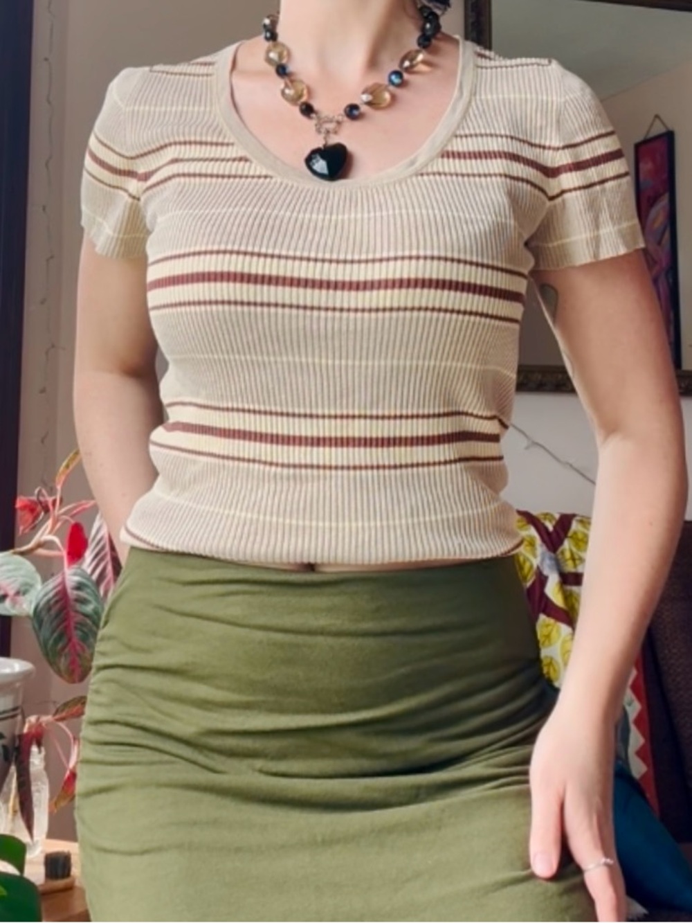 Jones New York Silk Cream Ribbed Scoop Neck Top with Brown Stripes